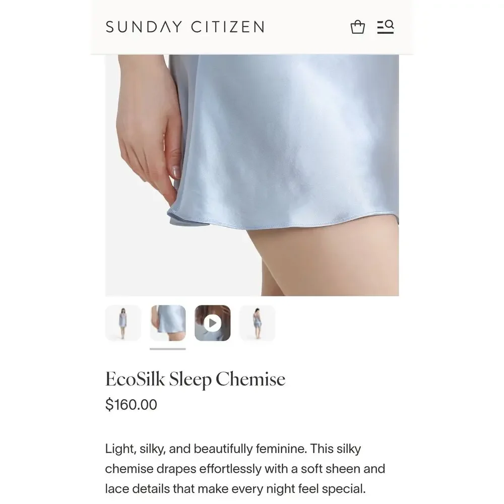 Sunday Citizen EcoSilk Silk Chemise Women's M Blue Lace Luxury Sleepwear